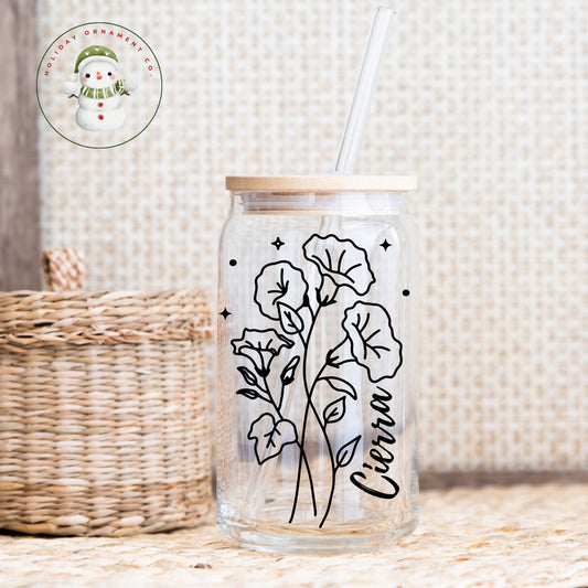 Personalized Birth Flower Glass Tumbler: Custom Iced Coffee Cup