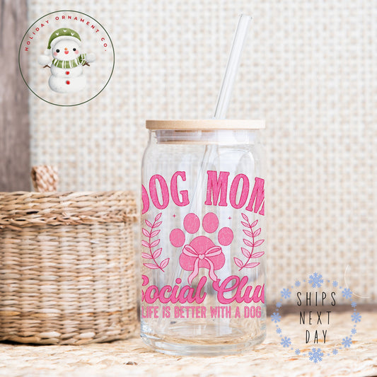 Dog Mom Glass Tumbler Cup: Iced Coffee Cup With Bamboo Lid