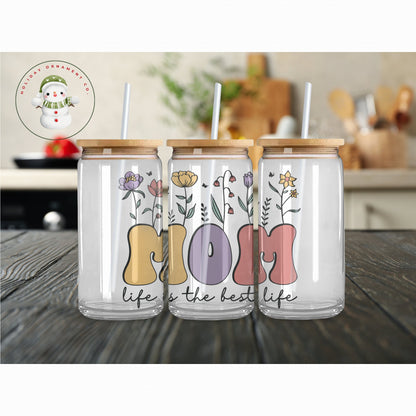 Mom Life Floral Glass Tumbler With Lid & Straw (16oz/20oz)