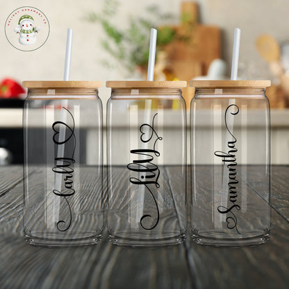 Personalized Glass Tumbler: Custom Iced Coffee Cup With Bamboo Lid