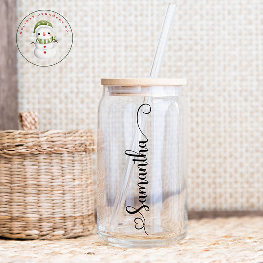 Personalized Glass Tumbler: Custom Iced Coffee Cup With Bamboo Lid