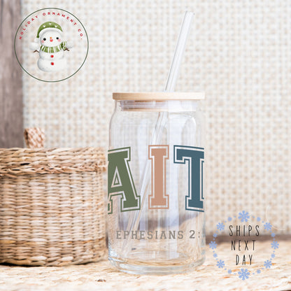 Faith Christian Glass Tumbler: Religious Iced Coffee Cup (16 Oz Or 20 Oz)