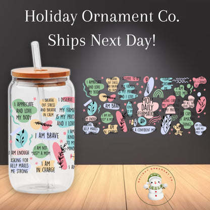 Mom Daily Affirmations Glass Tumbler With Bamboo Lid