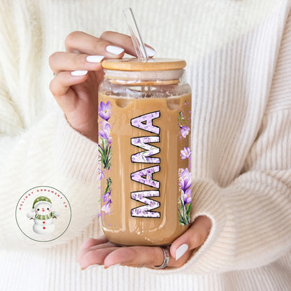 Personalized Mama Floral Glass Tumbler: Custom Iced Coffee Cup