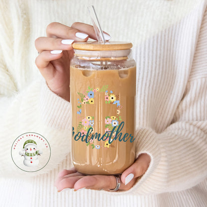 Godmother Floral Cross Glass Tumbler Cup: Religious Gift (16 Oz/20 Oz)