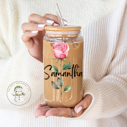Personalized Birth Flower Glass Tumbler: Custom Watercolor Iced Coffee Cup