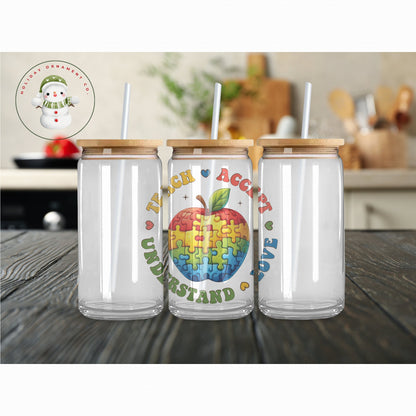 Autism Awareness Puzzle Tumbler: Libbey Glass Iced Coffee Cup