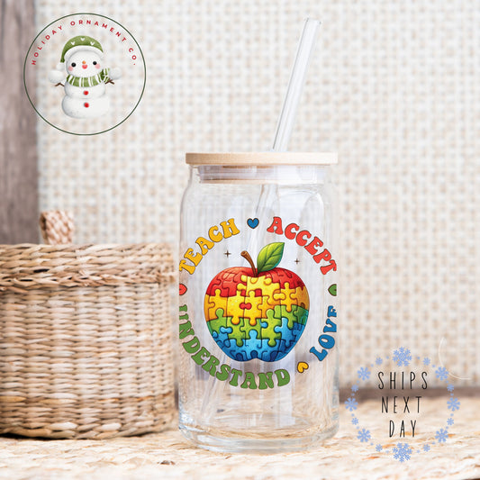 Autism Awareness Puzzle Tumbler: Libbey Glass Iced Coffee Cup