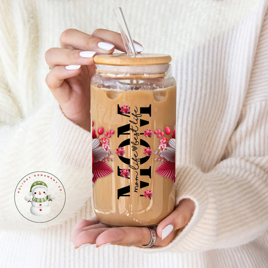 Mom Life Floral Glass Tumbler With Bamboo Lid (16oz Or 20oz)