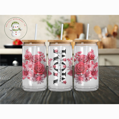 Mom Life Floral Glass Tumbler With Bamboo Lid (16oz Or 20oz)