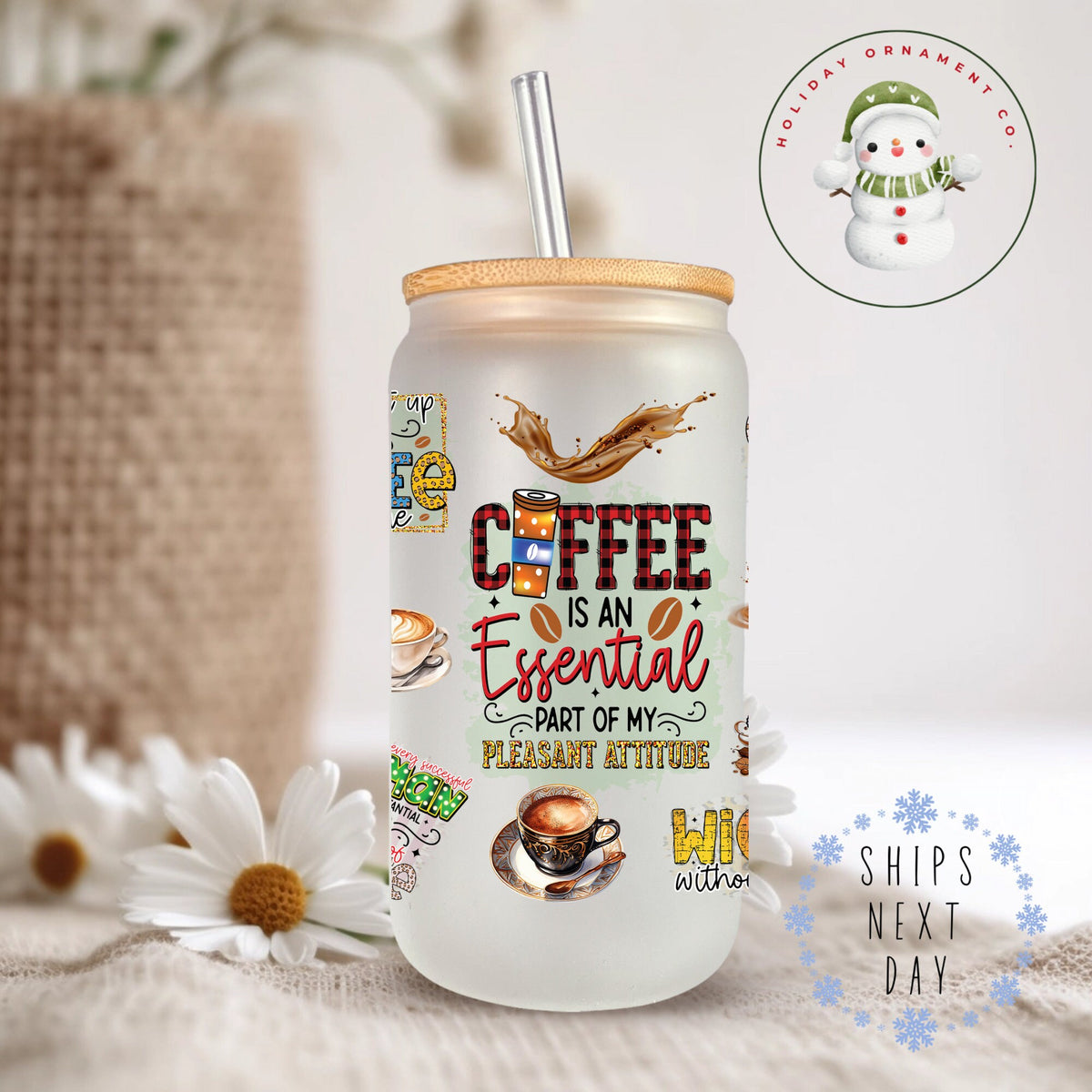 Funny 'coffee Is Essential' Glass Tumbler With Bamboo Lid | 16oz/20oz