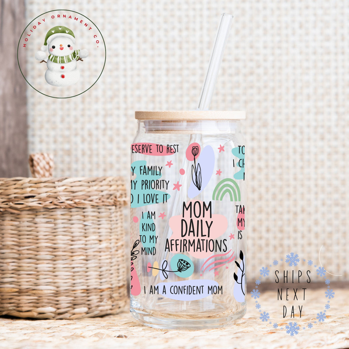 Mom Daily Affirmations Glass Tumbler With Bamboo Lid