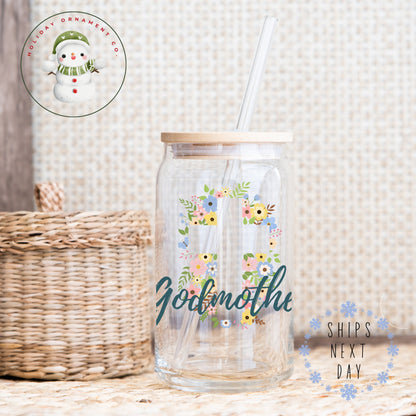 Godmother Floral Cross Glass Tumbler Cup: Religious Gift (16 Oz/20 Oz)