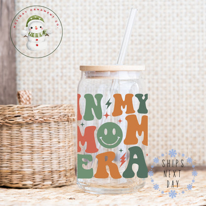 Retro 'in My Mom Era' Glass Tumbler: Iced Coffee Cup With Bamboo Lid
