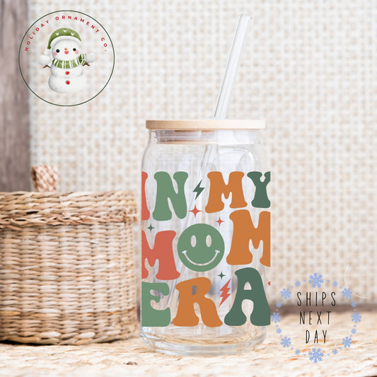 Retro 'in My Mom Era' Glass Tumbler: Iced Coffee Cup With Bamboo Lid
