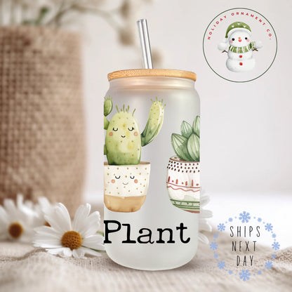 Plant Lover Iced Coffee Cup: Libbey Glass Tumbler With Bamboo Lid