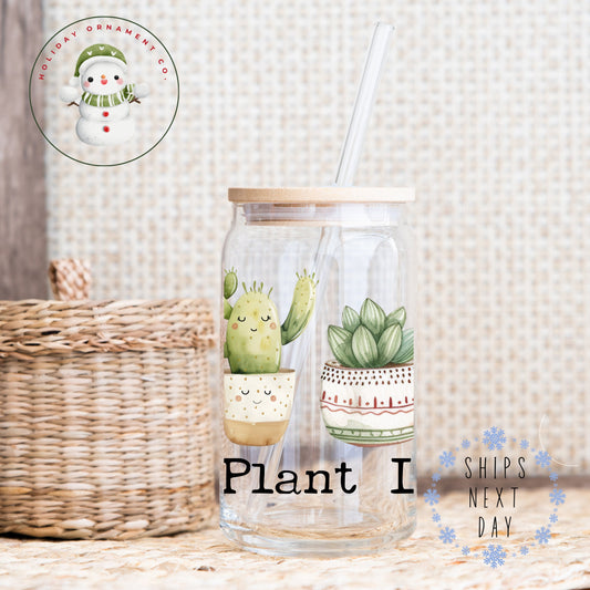 Plant Lover Iced Coffee Cup: Libbey Glass Tumbler With Bamboo Lid