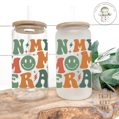 Retro 'in My Mom Era' Glass Tumbler: Iced Coffee Cup With Bamboo Lid