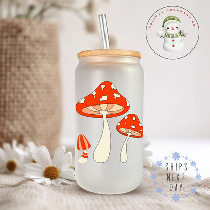 Retro Mushroom Glass Tumbler: Iced Coffee Cup With Bamboo Lid