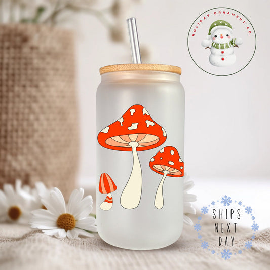 Retro Mushroom Glass Tumbler: Iced Coffee Cup With Bamboo Lid
