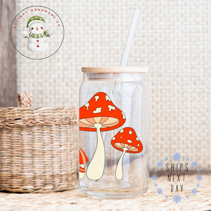 Retro Mushroom Glass Tumbler: Iced Coffee Cup With Bamboo Lid