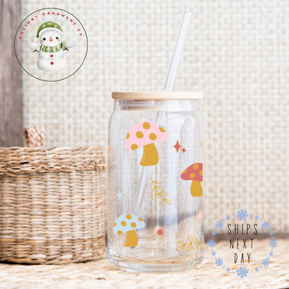 Retro Mushroom Glass Tumbler: Iced Coffee Cup With Bamboo Lid