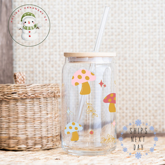 Retro Mushroom Glass Tumbler: Iced Coffee Cup With Bamboo Lid
