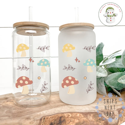 Retro Mushroom Glass Tumbler With Bamboo Lid | Iced Coffee Cup