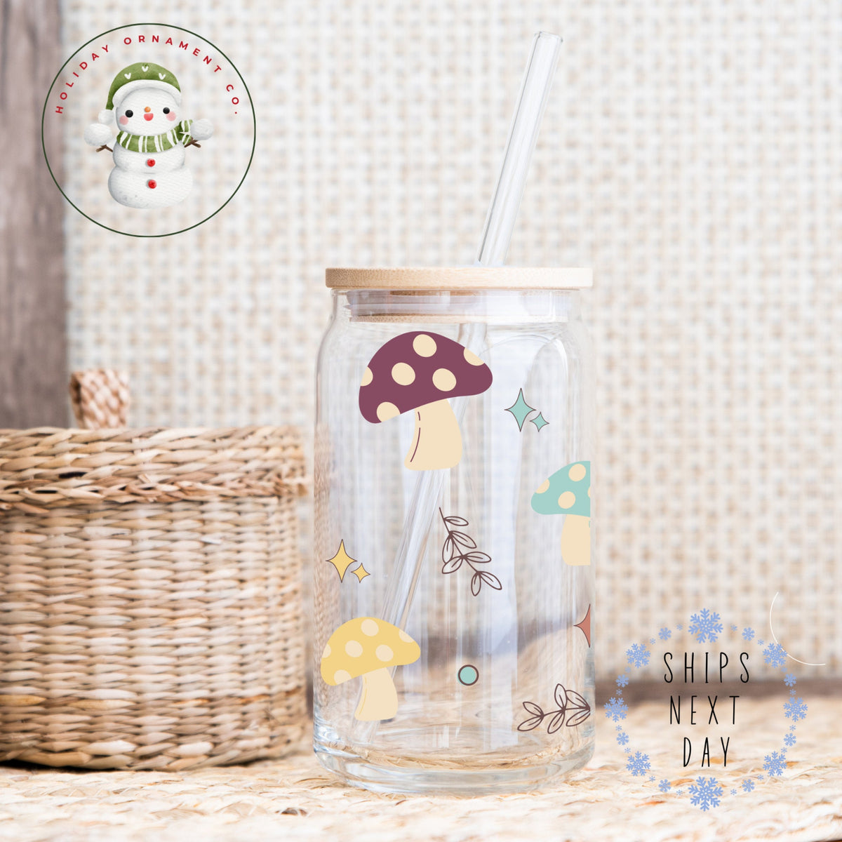 Retro Mushroom Glass Tumbler With Bamboo Lid | Iced Coffee Cup