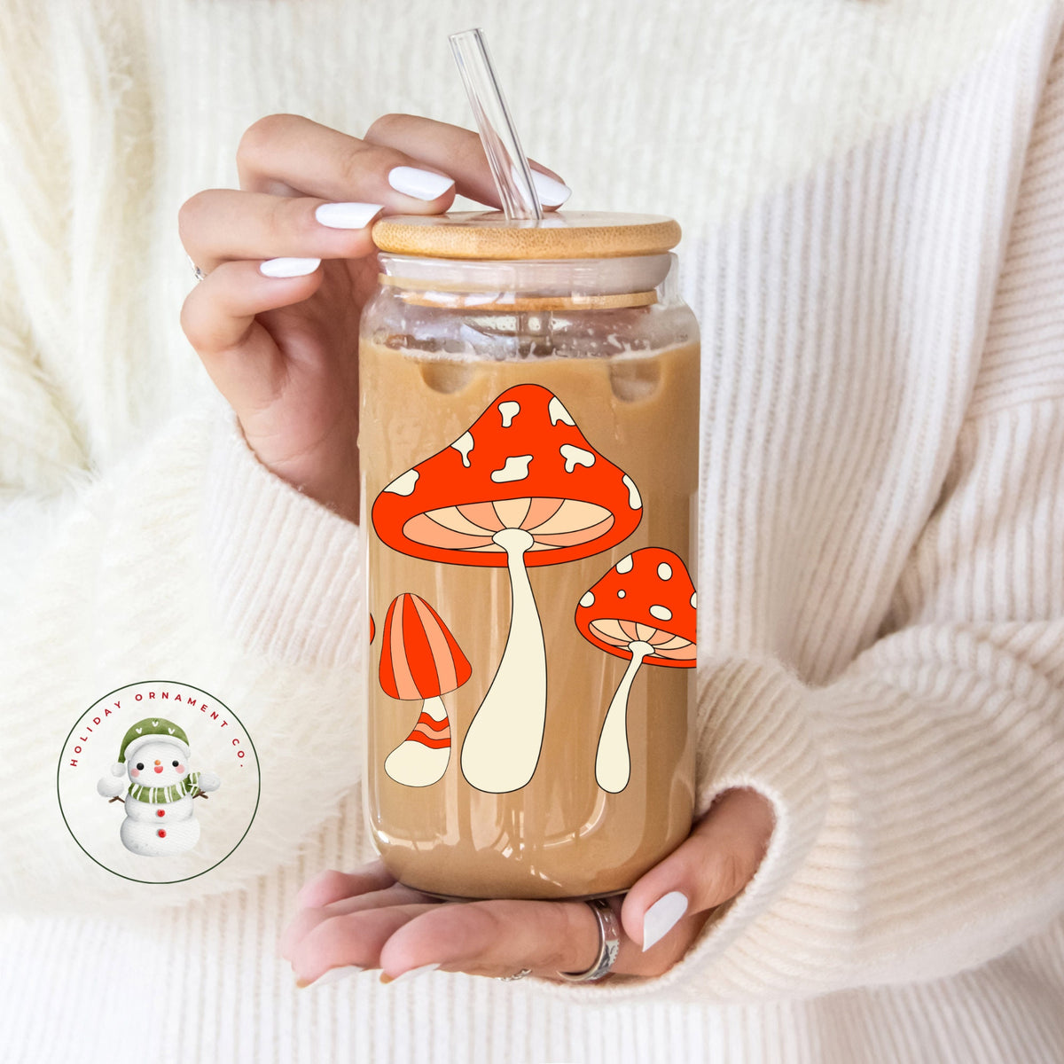Retro Mushroom Glass Tumbler: Iced Coffee Cup With Bamboo Lid