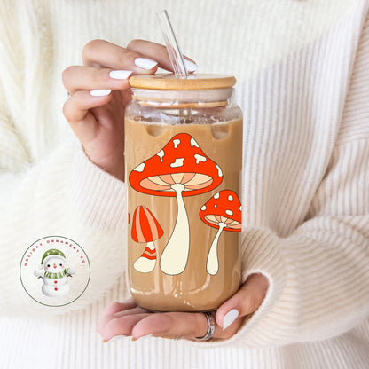 Retro Mushroom Glass Tumbler: Iced Coffee Cup With Bamboo Lid