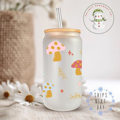 Retro Mushroom Glass Tumbler: Iced Coffee Cup With Bamboo Lid