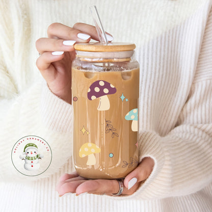Retro Mushroom Glass Tumbler With Bamboo Lid | Iced Coffee Cup