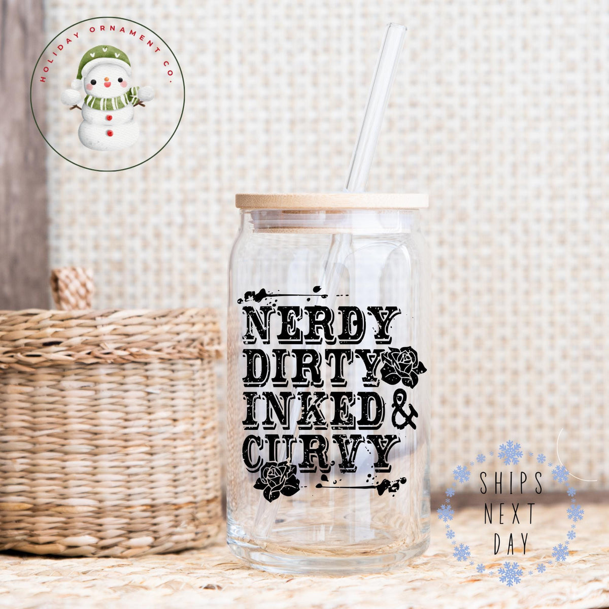 Tattoo Girl Glass Tumbler: Nerdy Dirty Inked & Curvy Iced Coffee Cup