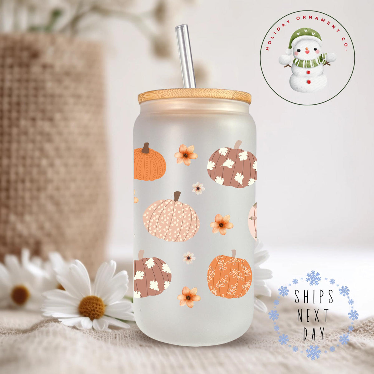 Watercolor Pumpkin Glass Tumbler Cup: Fall Thanksgiving Iced Coffee Cup