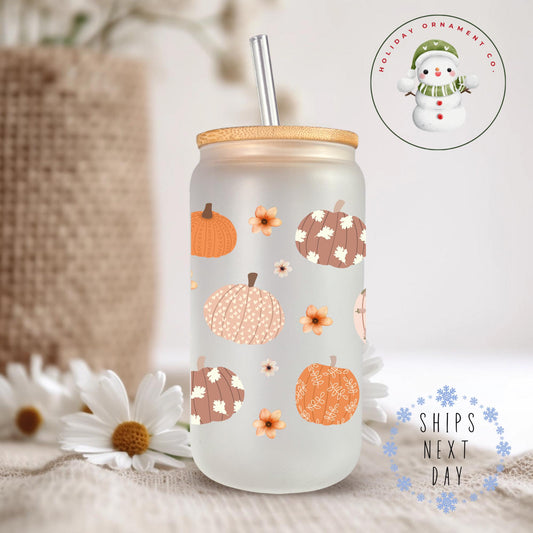 Watercolor Pumpkin Glass Tumbler Cup: Fall Thanksgiving Iced Coffee Cup