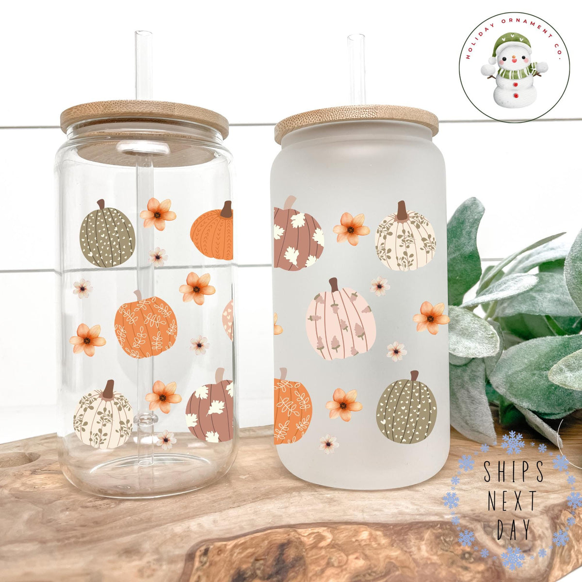 Watercolor Pumpkin Glass Tumbler Cup: Fall Thanksgiving Iced Coffee Cup