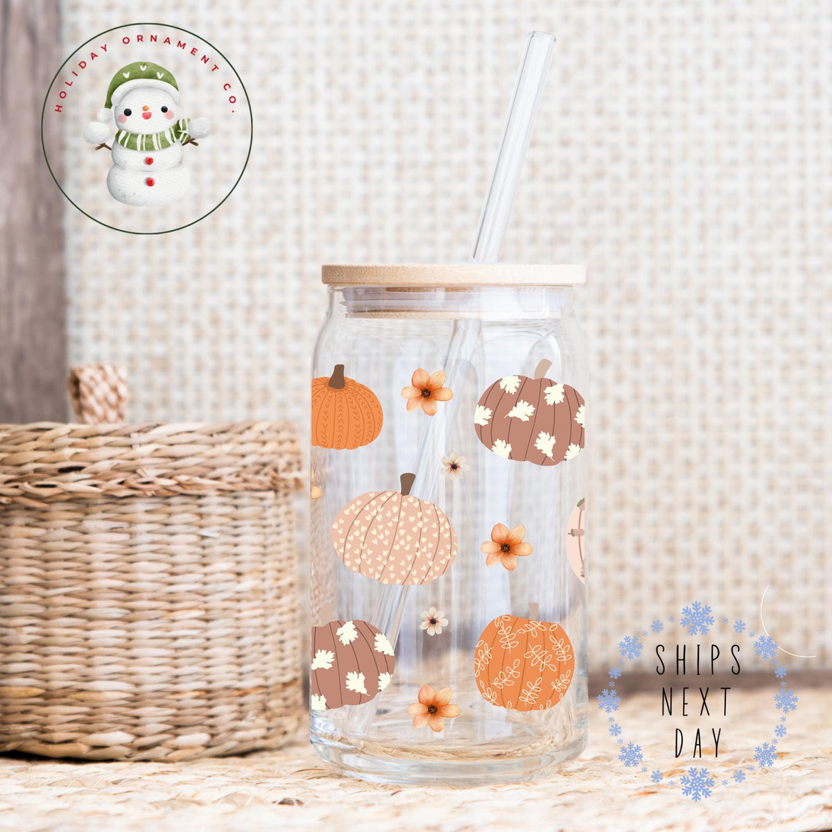 Watercolor Pumpkin Glass Tumbler Cup: Fall Thanksgiving Iced Coffee Cup