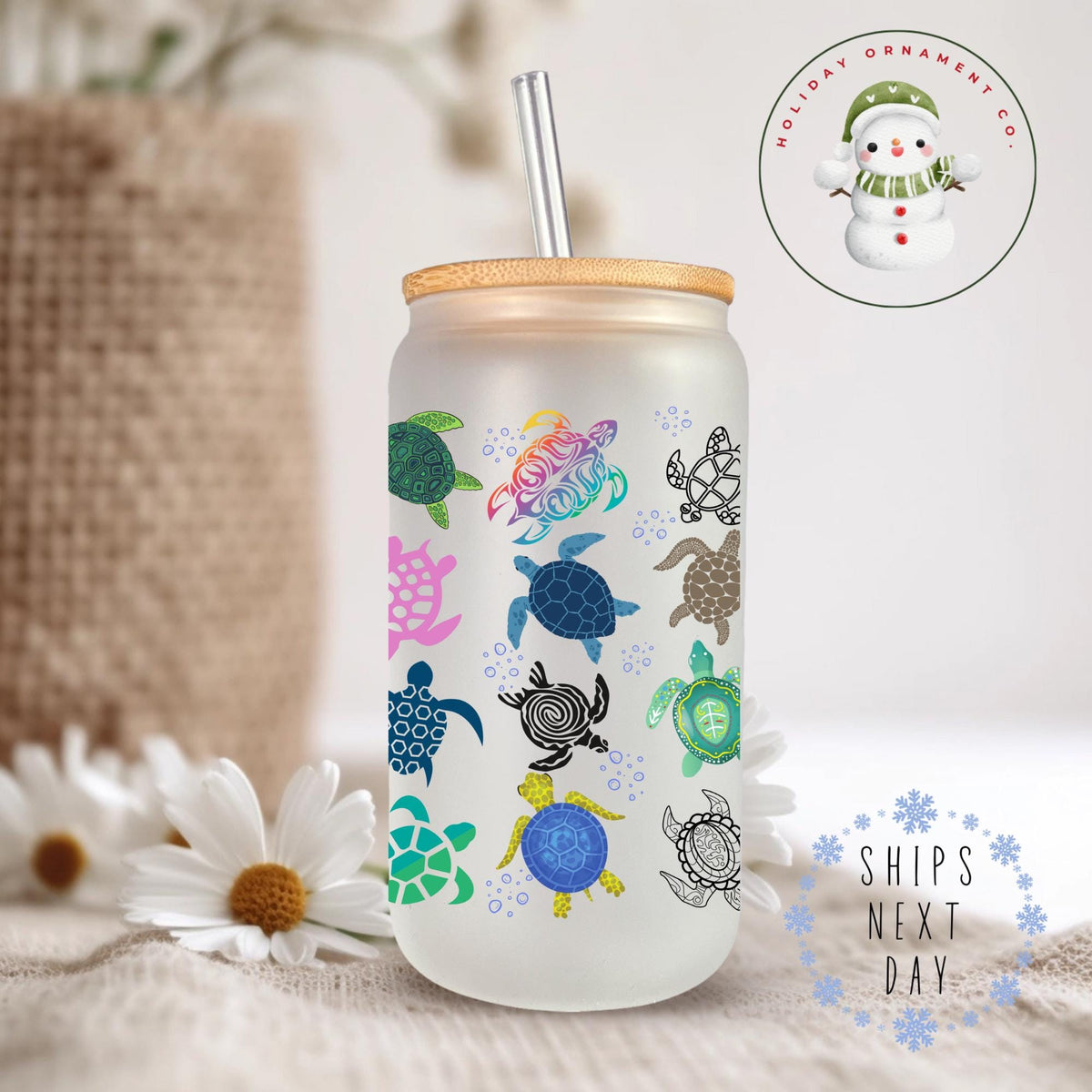 Colorful Turtles Coffee Glass Tumbler Cup: Beach Theme Iced Cup (16 Oz/20 Oz)