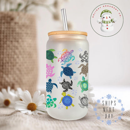 Colorful Turtles Coffee Glass Tumbler Cup: Beach Theme Iced Cup (16 Oz/20 Oz)