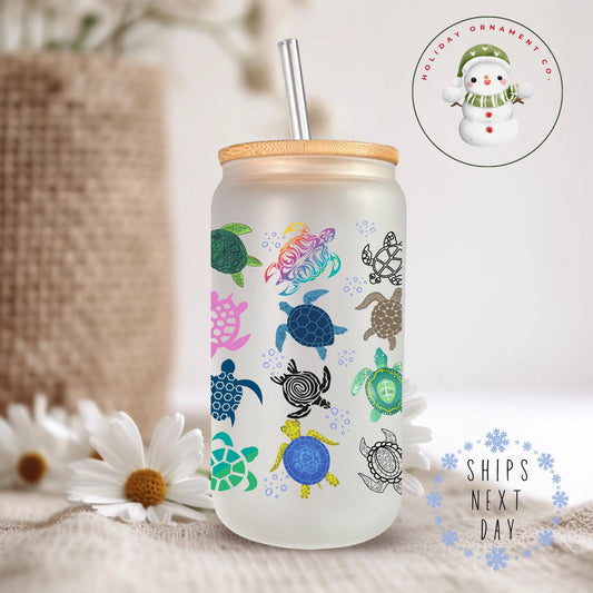 Colorful Turtles Coffee Glass Tumbler Cup: Beach Theme Iced Cup (16 Oz/20 Oz)