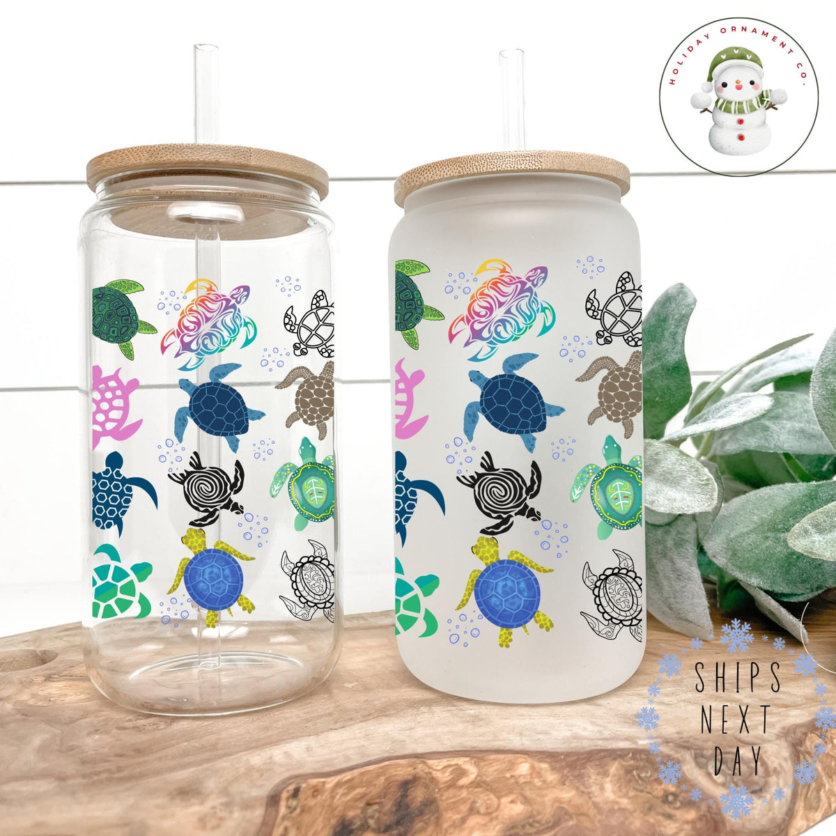 Colorful Turtles Coffee Glass Tumbler Cup: Beach Theme Iced Cup (16 Oz/20 Oz)