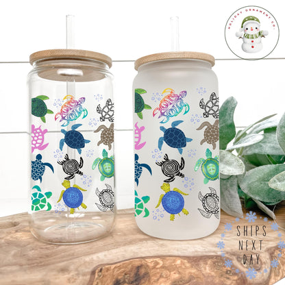 Colorful Turtles Coffee Glass Tumbler Cup: Beach Theme Iced Cup (16 Oz/20 Oz)
