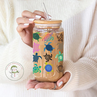 Colorful Turtles Coffee Glass Tumbler Cup: Beach Theme Iced Cup (16 Oz/20 Oz)
