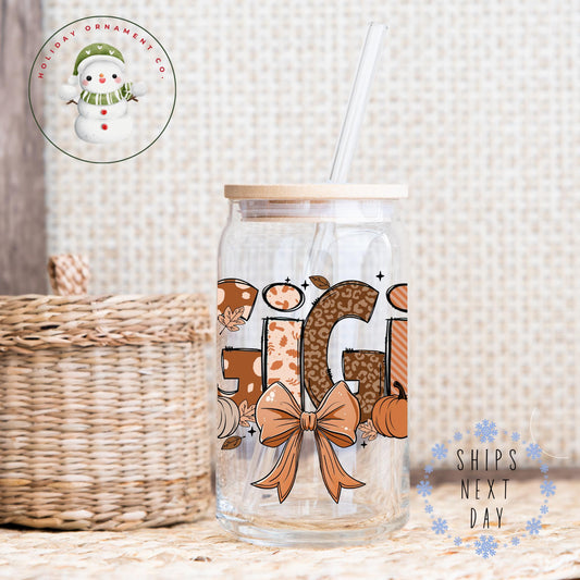Gigi Fall Glass Tumbler: Thanksgiving Pumpkin Iced Coffee Cup