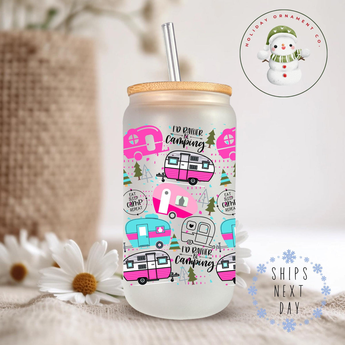 Pink Camper Glass Tumbler: Camping Life Iced Coffee Cup (16 Oz/20 Oz)