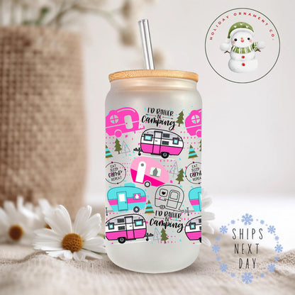 Pink Camper Glass Tumbler: Camping Life Iced Coffee Cup (16 Oz/20 Oz)