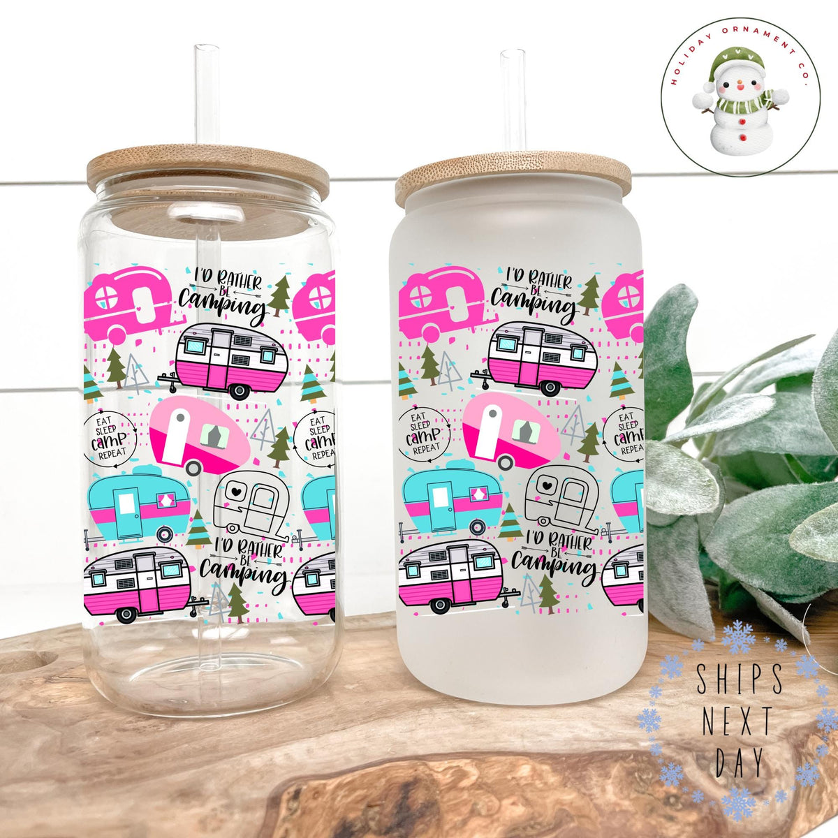 Pink Camper Glass Tumbler: Camping Life Iced Coffee Cup (16 Oz/20 Oz)