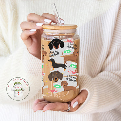 Dachshund Puppy Glass Tumbler With Bamboo Lid (16oz/20oz)