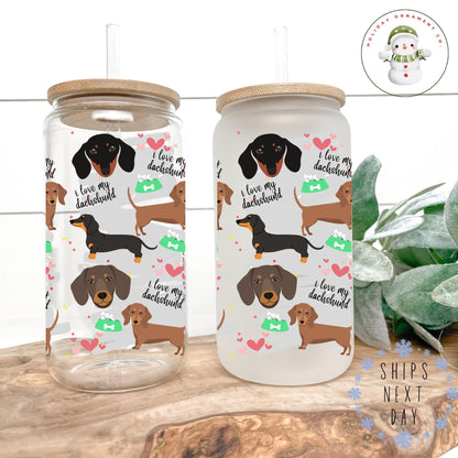 Dachshund Puppy Glass Tumbler With Bamboo Lid (16oz/20oz)